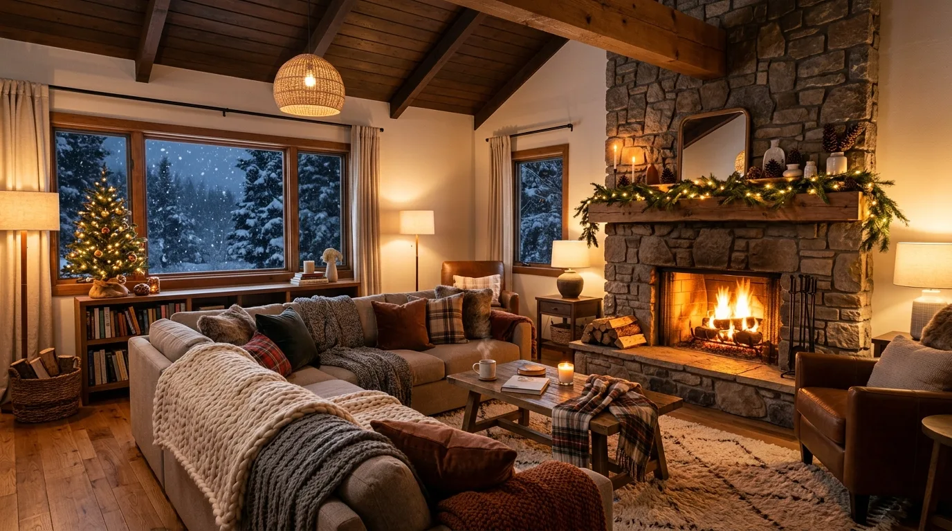 Cozy winter living room designed as a warm seasonal retreat.